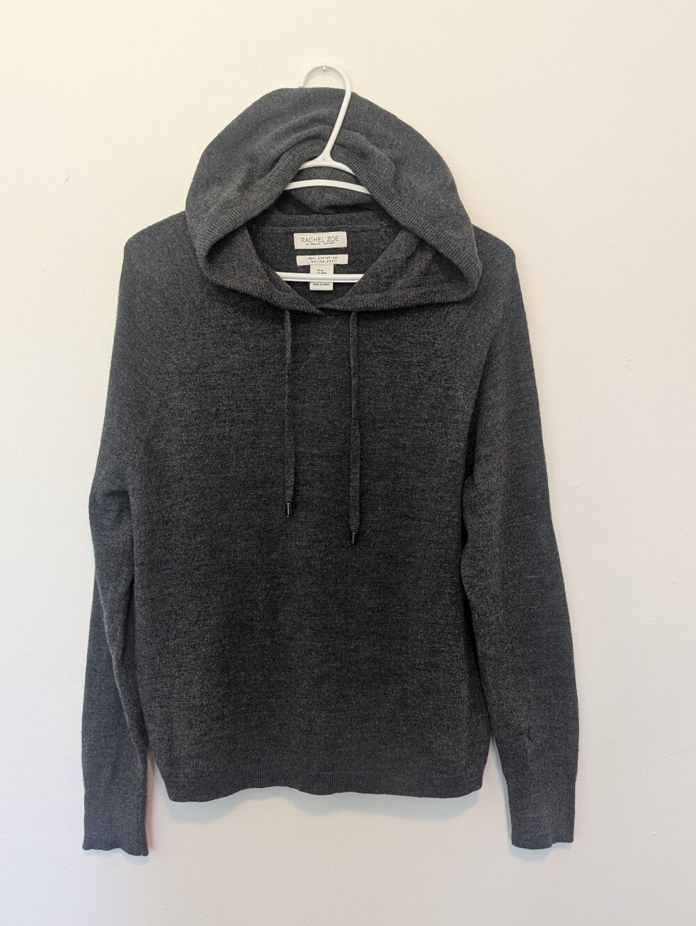 Rachel Zoe 100%  Merino Wool Knit Hoodie Sweater Grey Old Money Minimalist - M